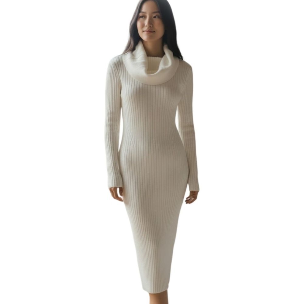 Amazon Ribbed Cowl Neck Midi Sweater Dress in Cream Sz.M EUC
